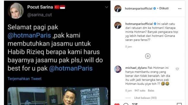 Instagram Hotman Paris Diserbu Pendukung Habib Rizieq Shihab