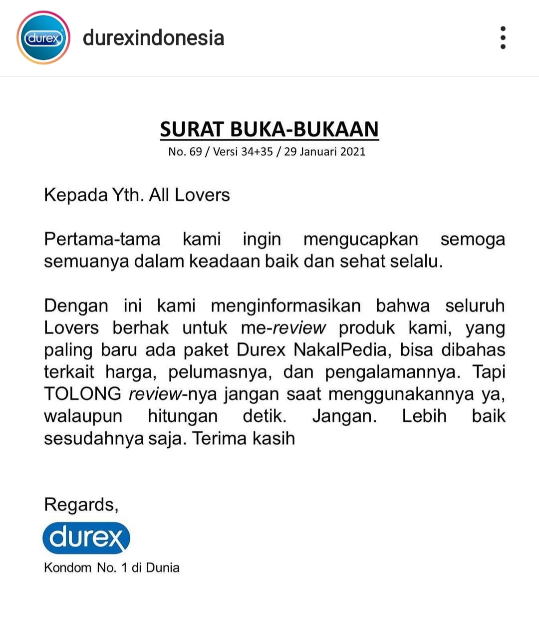 Tak Kalah dari Eiger, Kondom Durex Bikin "Surat" untuk Konsumen