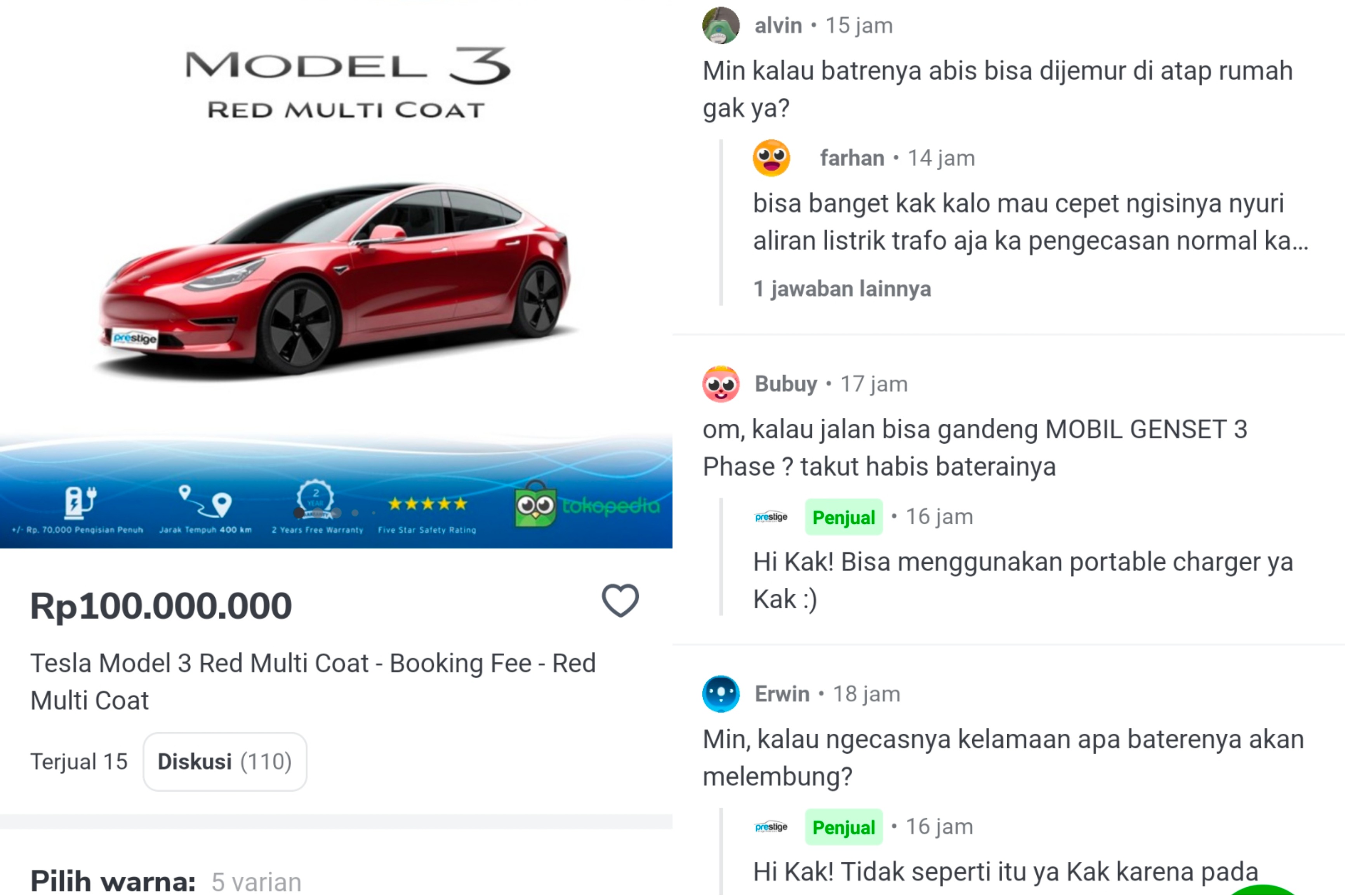 Jual Tesla, Lapak Online Dihujam Pertanyaan Konyol dari Netizen