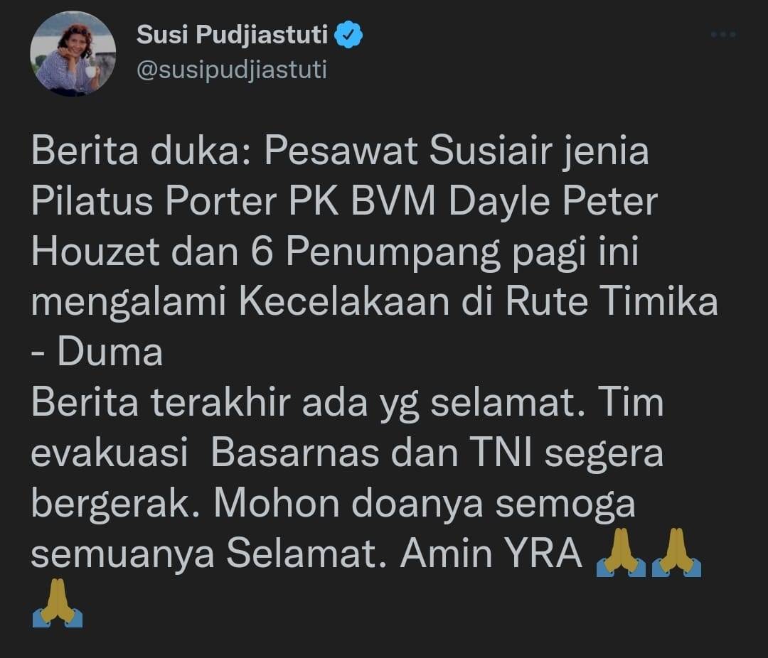 Susi Air Jatuh di Papua, Susi Pujiastuti Ngetweet Minta Doa