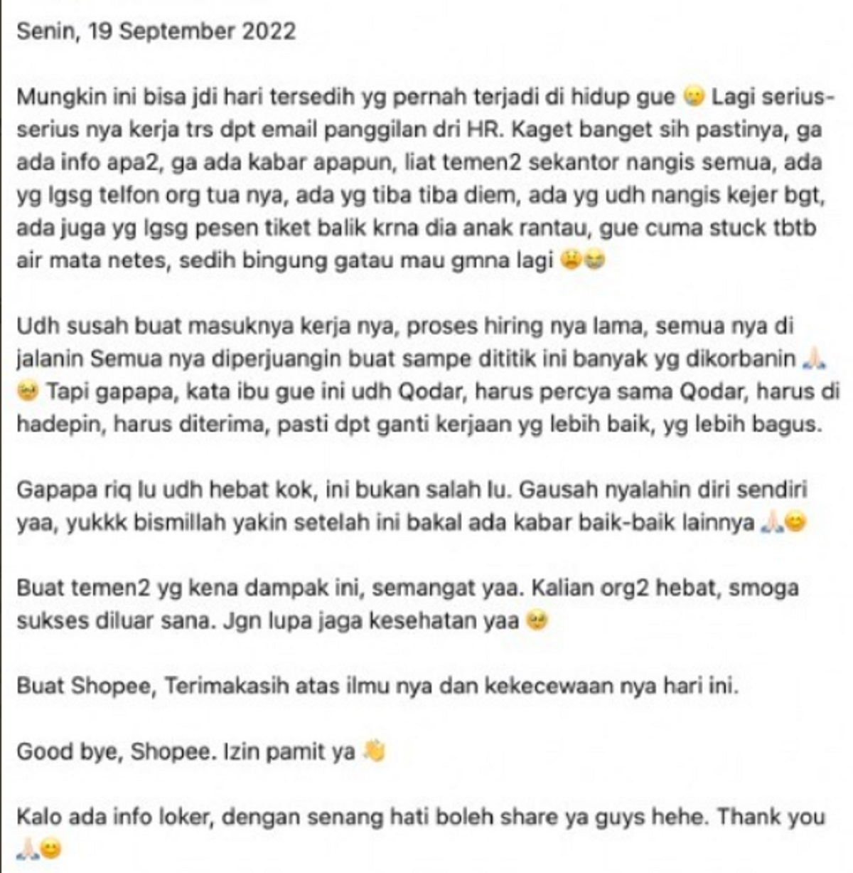 Viral Curhatan Karyawan Shopee Indonesia yang Dipecat Dadakan